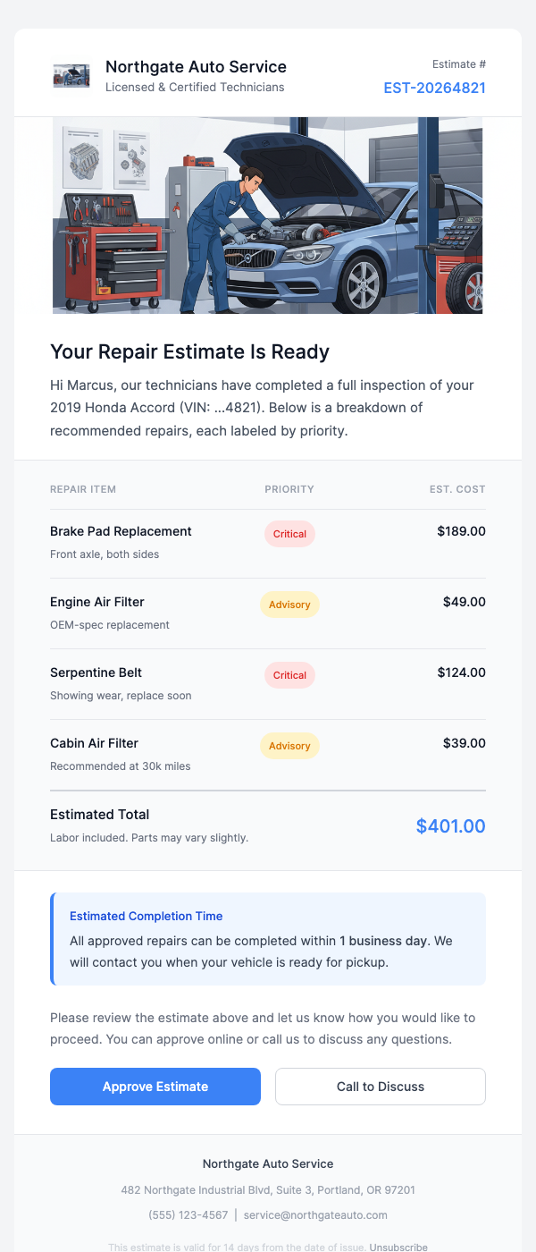 Auto Repair Estimate Ready – Review Before We Begin