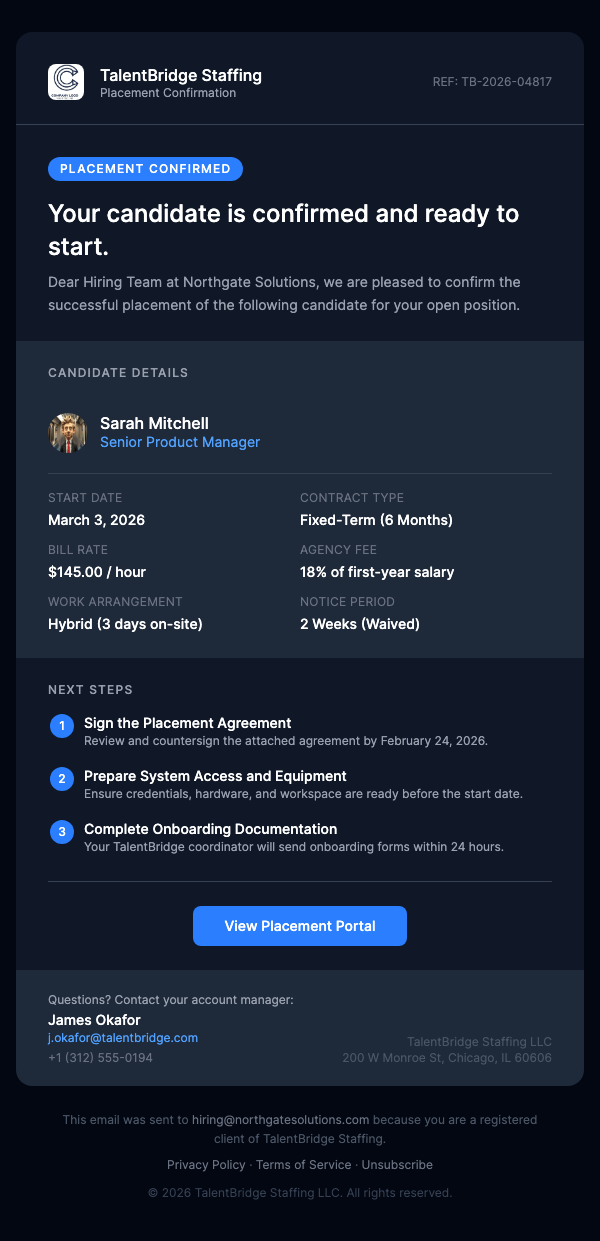 Candidate Placed – Placement Confirmation to Client
