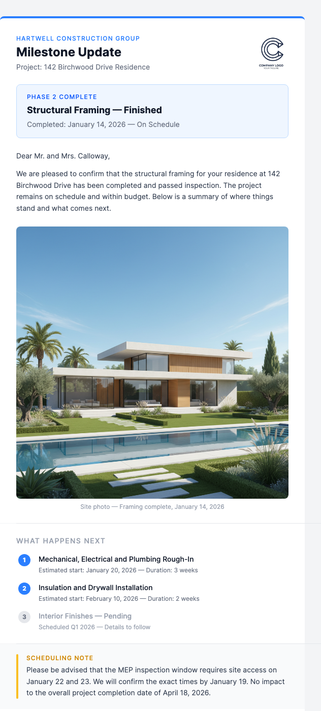 Construction Project Milestone Update