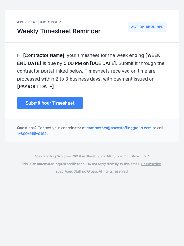 Contractor Weekly Check-In – Timesheet Due