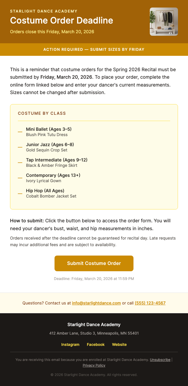 Costume Order Reminder – Submit By This Friday