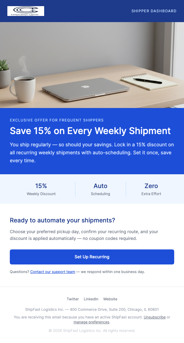 Discount for Recurring Shipments – Save 15% Every Time