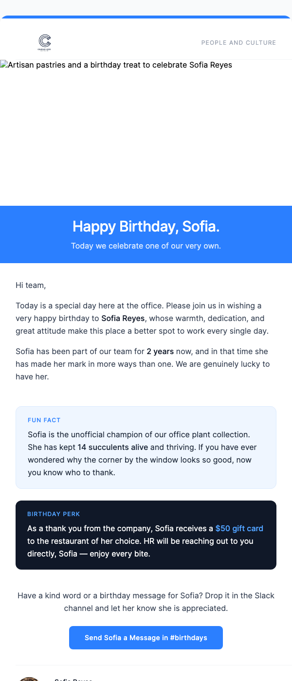 Employee Birthday Acknowledgment