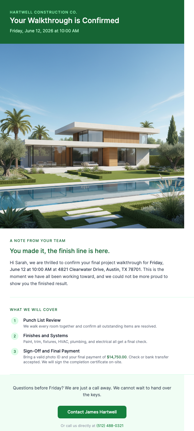 Final Walkthrough Scheduled – Your Project Is Complete