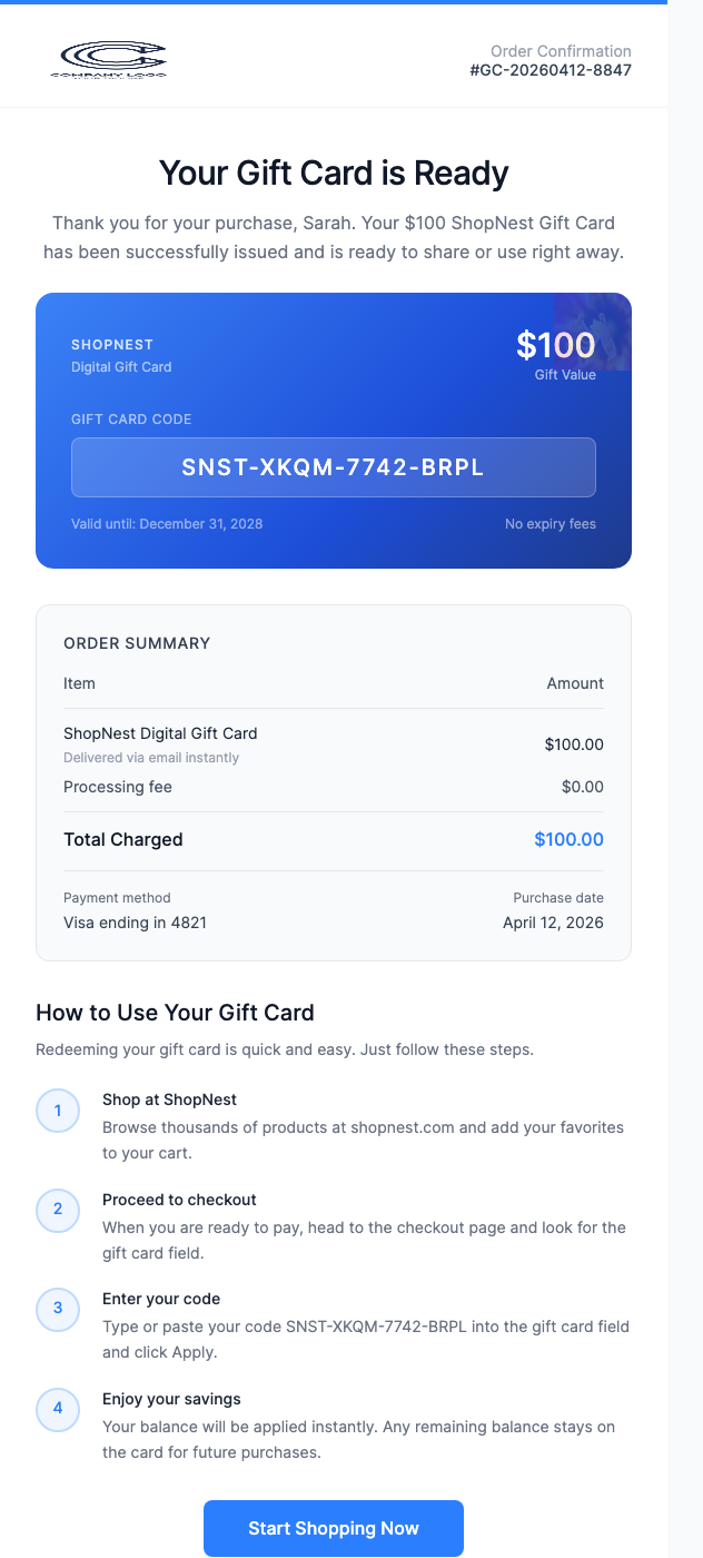 Gift Card Purchase Confirmation