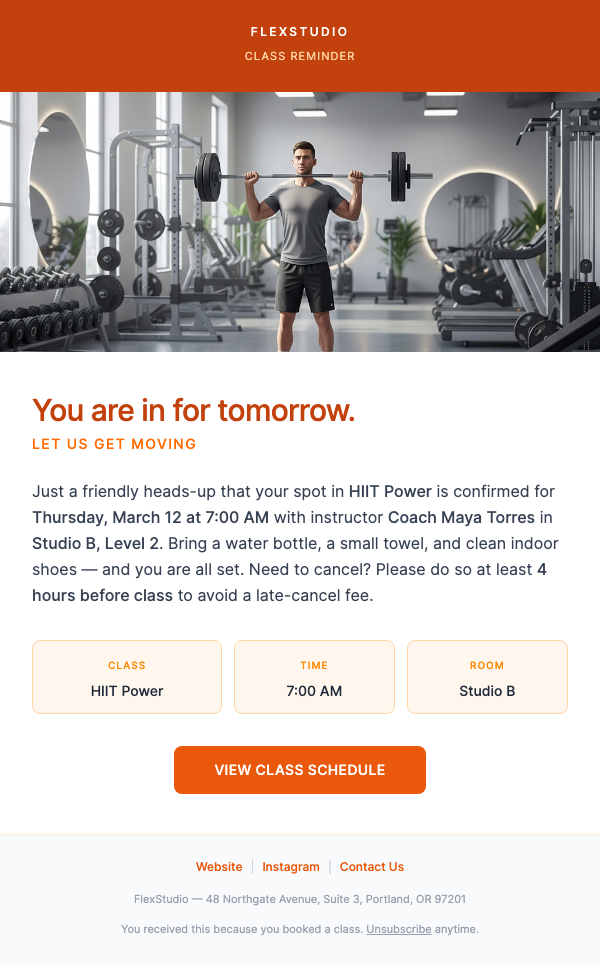 Group Fitness Class Reminder – Tomorrow at 7am