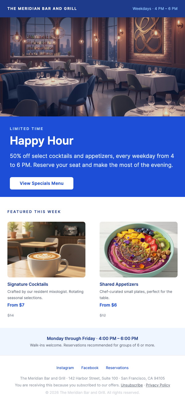 Happy Hour Reminder – Drinks & Appetizers Half Off