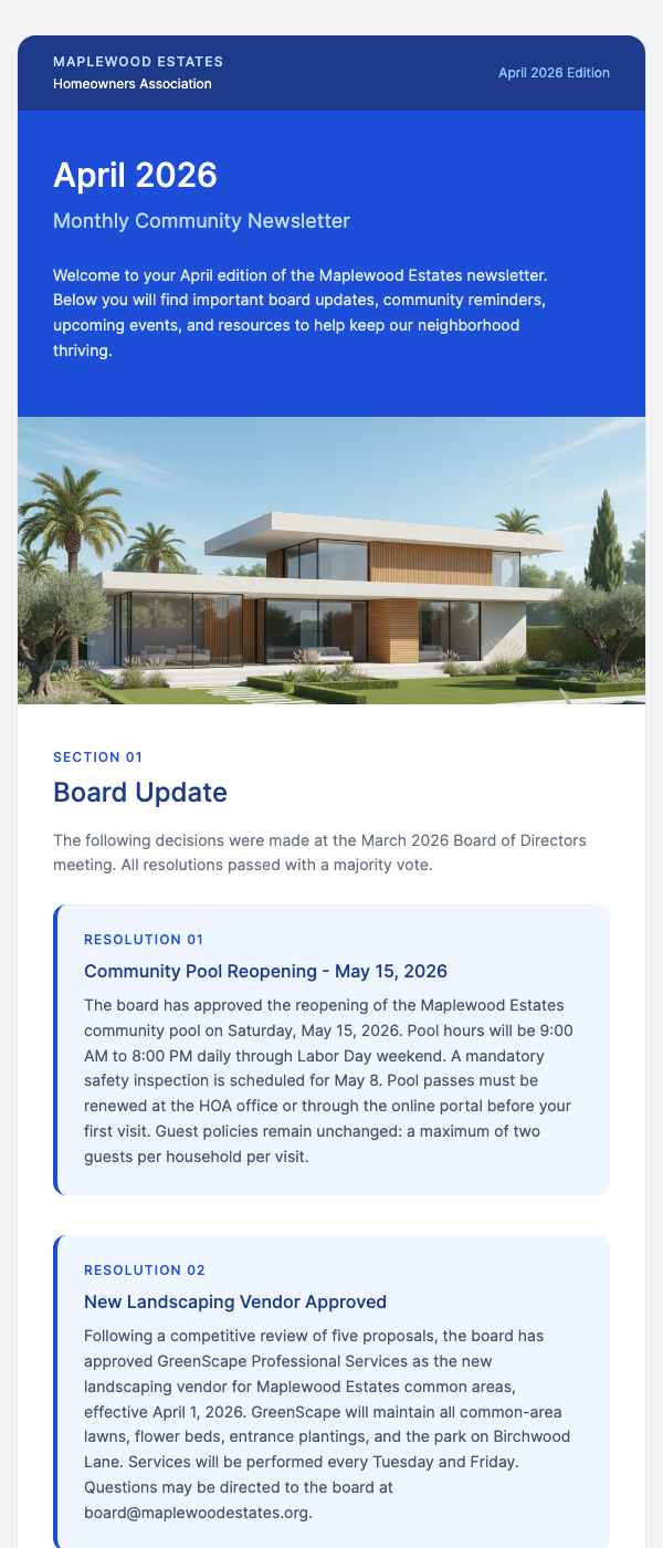 HOA Monthly Community Newsletter