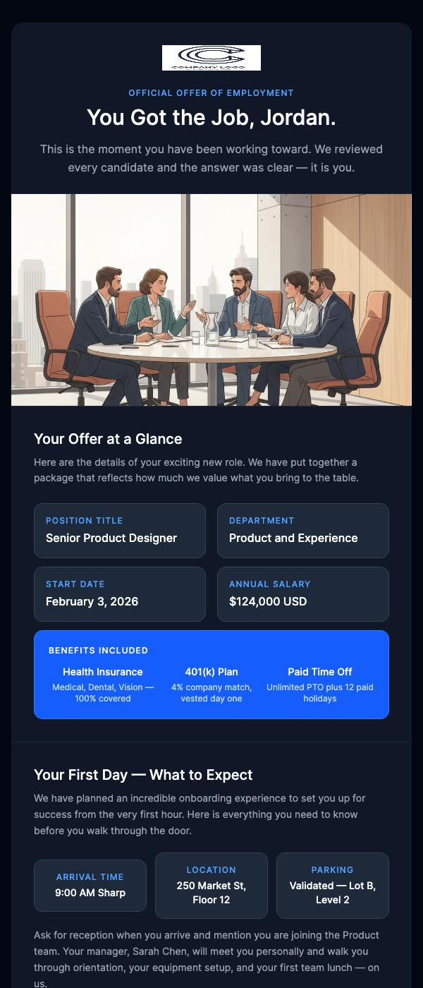 Job Offer – Congratulations, Welcome to Our Team