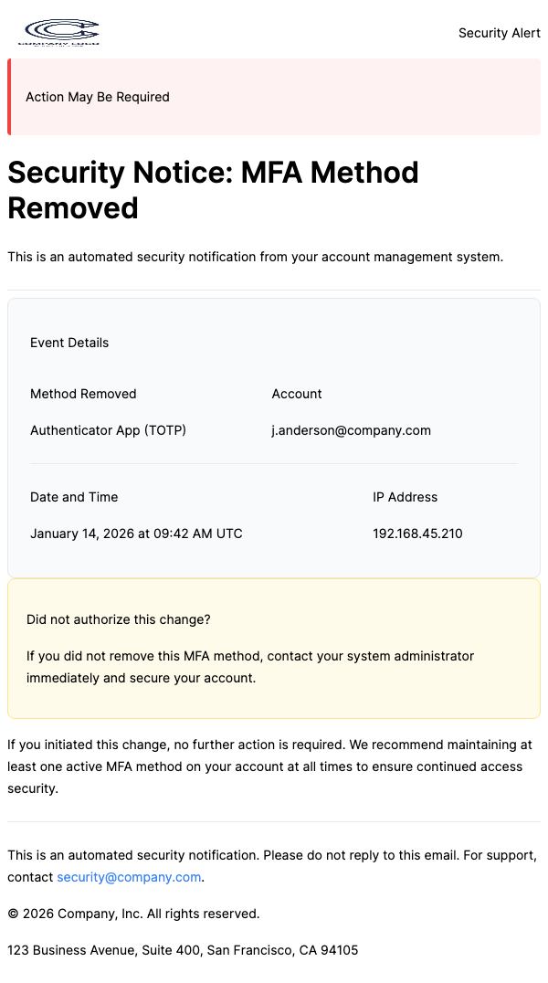 MFA Method Removed – Corporate
