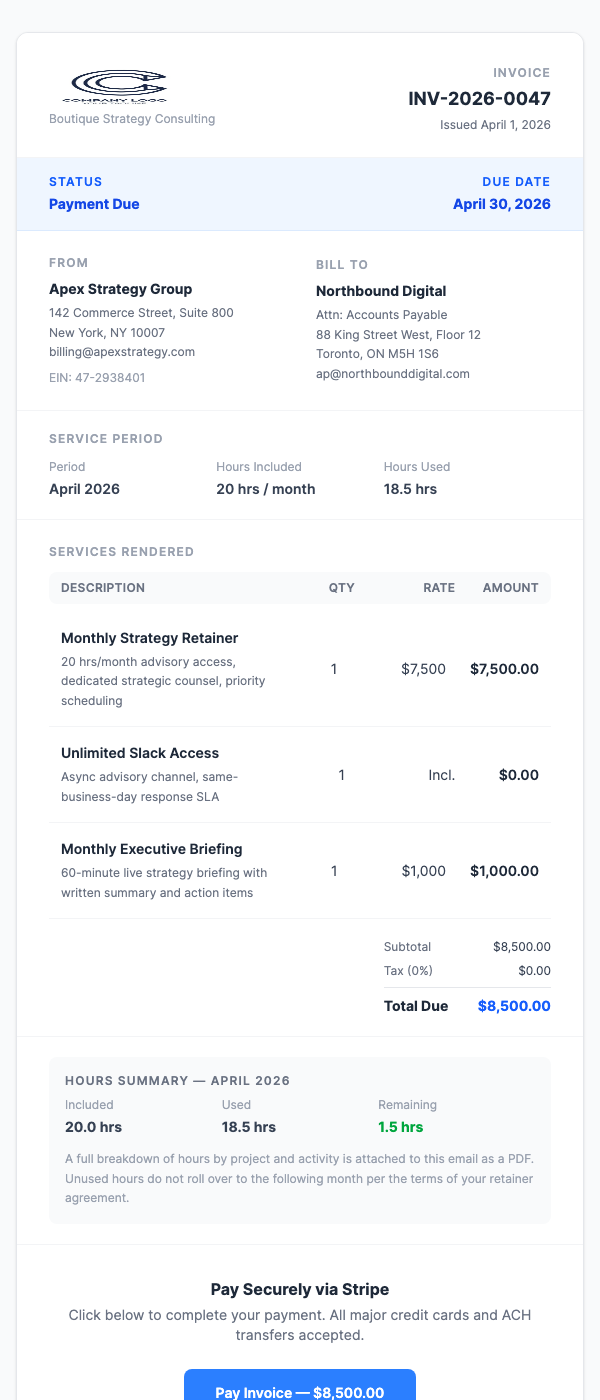 Monthly Consulting Retainer Invoice