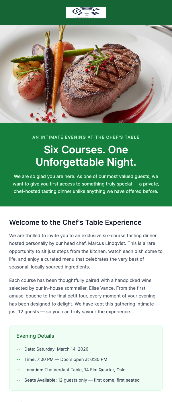 Newsletter – Chef's Table & Wine Pairing Event