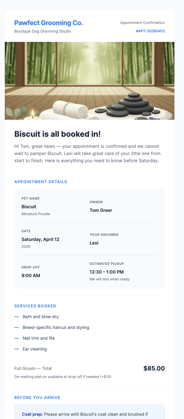 Pet Grooming Appointment Confirmation