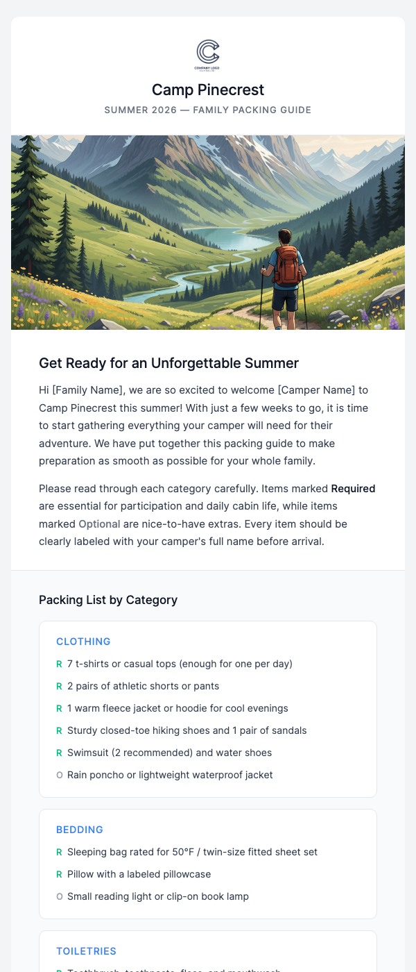 Pre-Camp Packing List – What to Bring