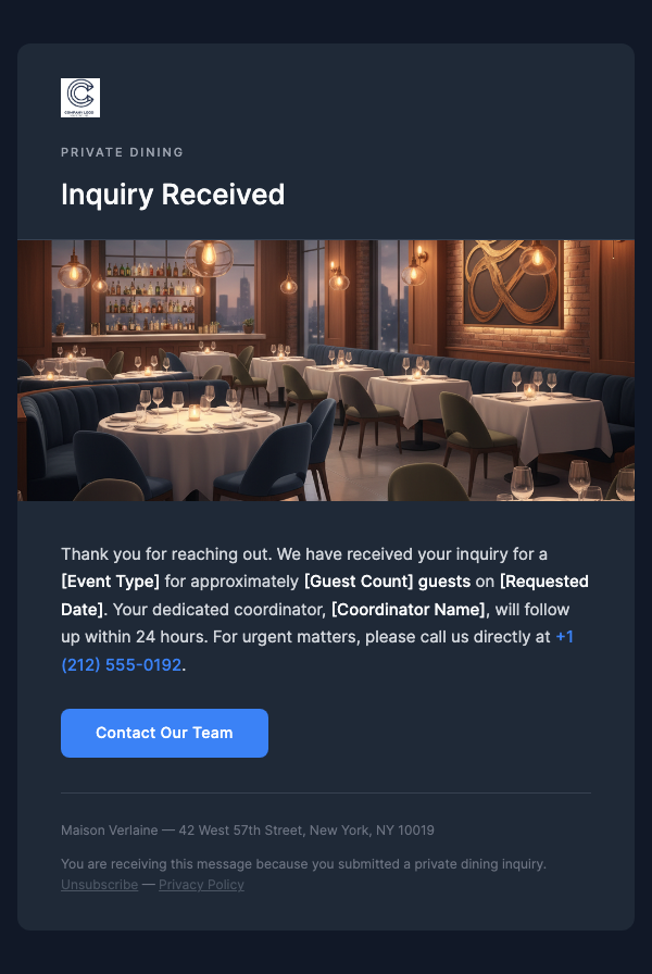 Private Dining Inquiry Received