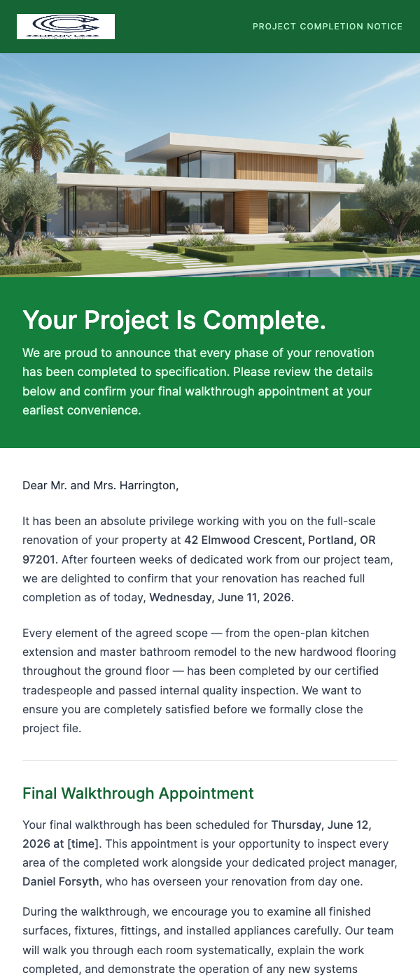 Project Complete – Final Walkthrough Tomorrow