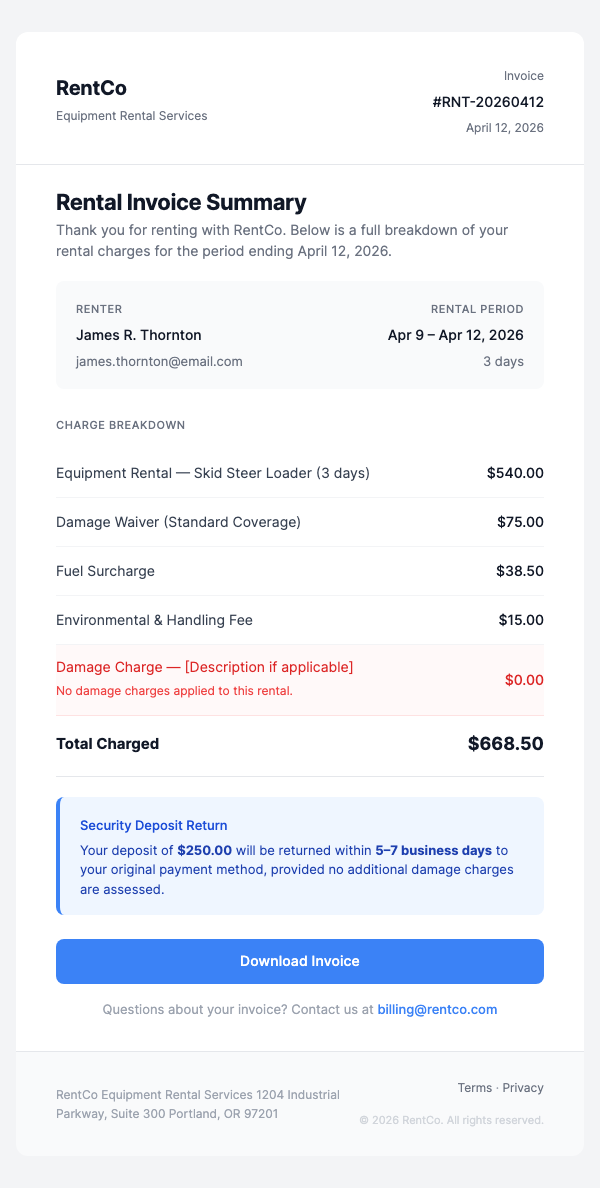 Rental Invoice & Damage Waiver Summary
