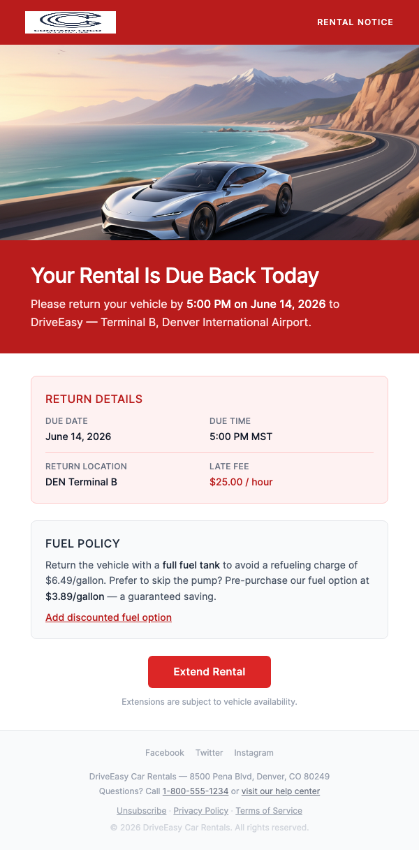 Return Reminder – Car Due Soon