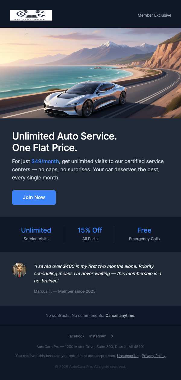 Service Membership – Unlimited Visits for $X/Month