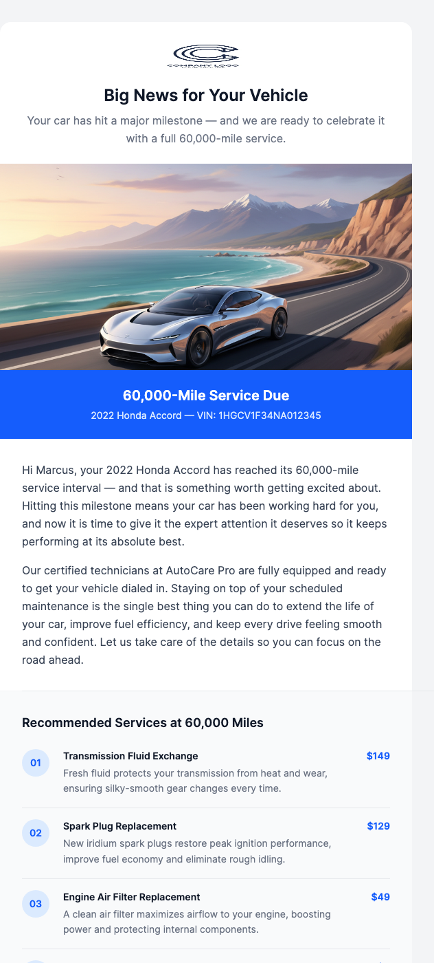 Service Reminder – Time for Your 60K Mile Service