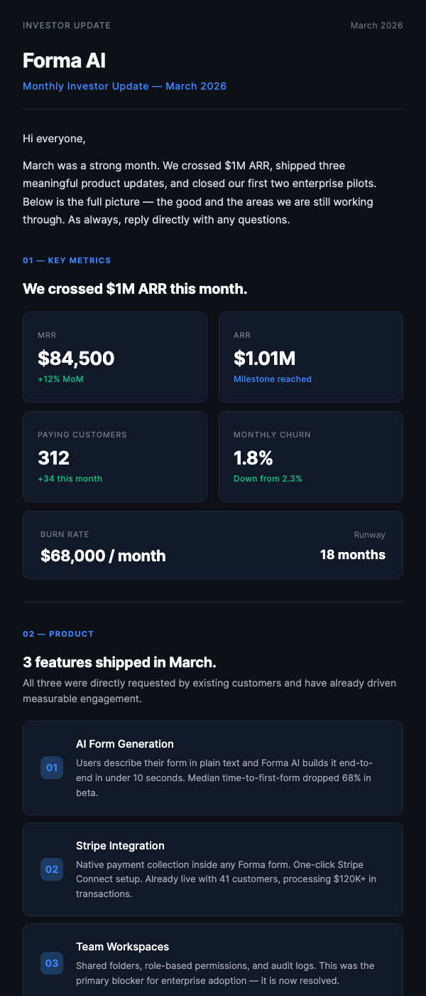 Startup Investor Update – Monthly