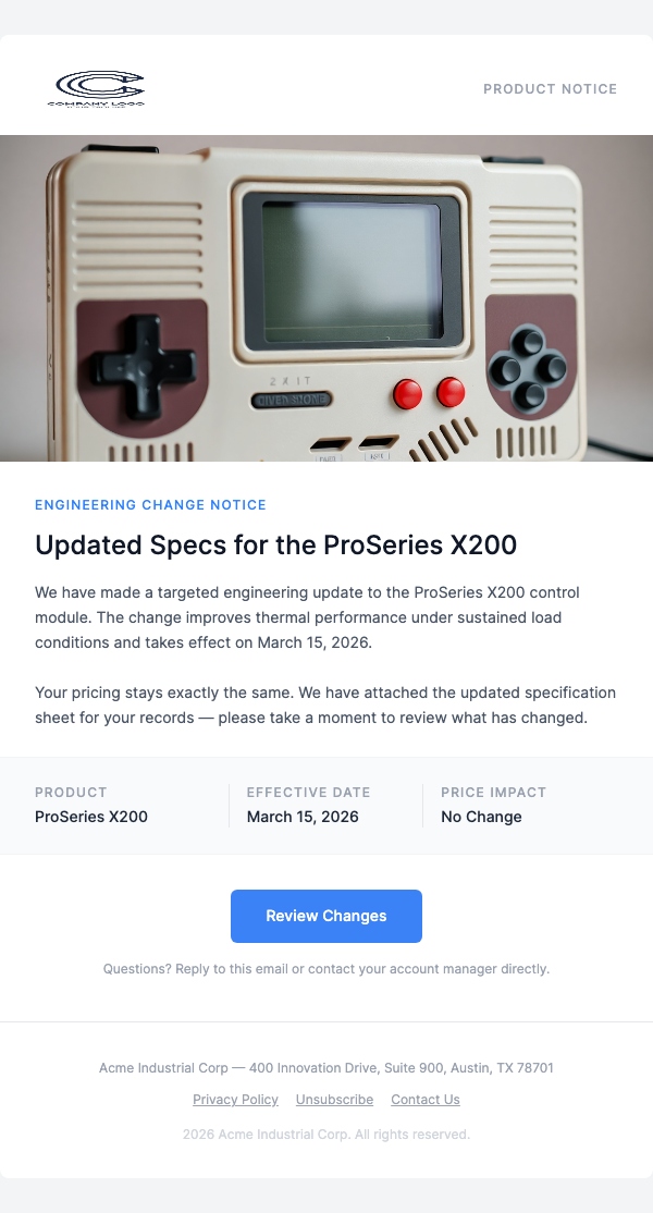 Technical Specs Update – Engineering Change Notice