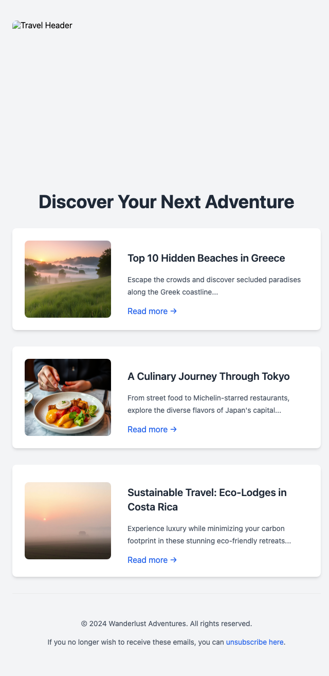 Travel Newsletter with Article Snippets