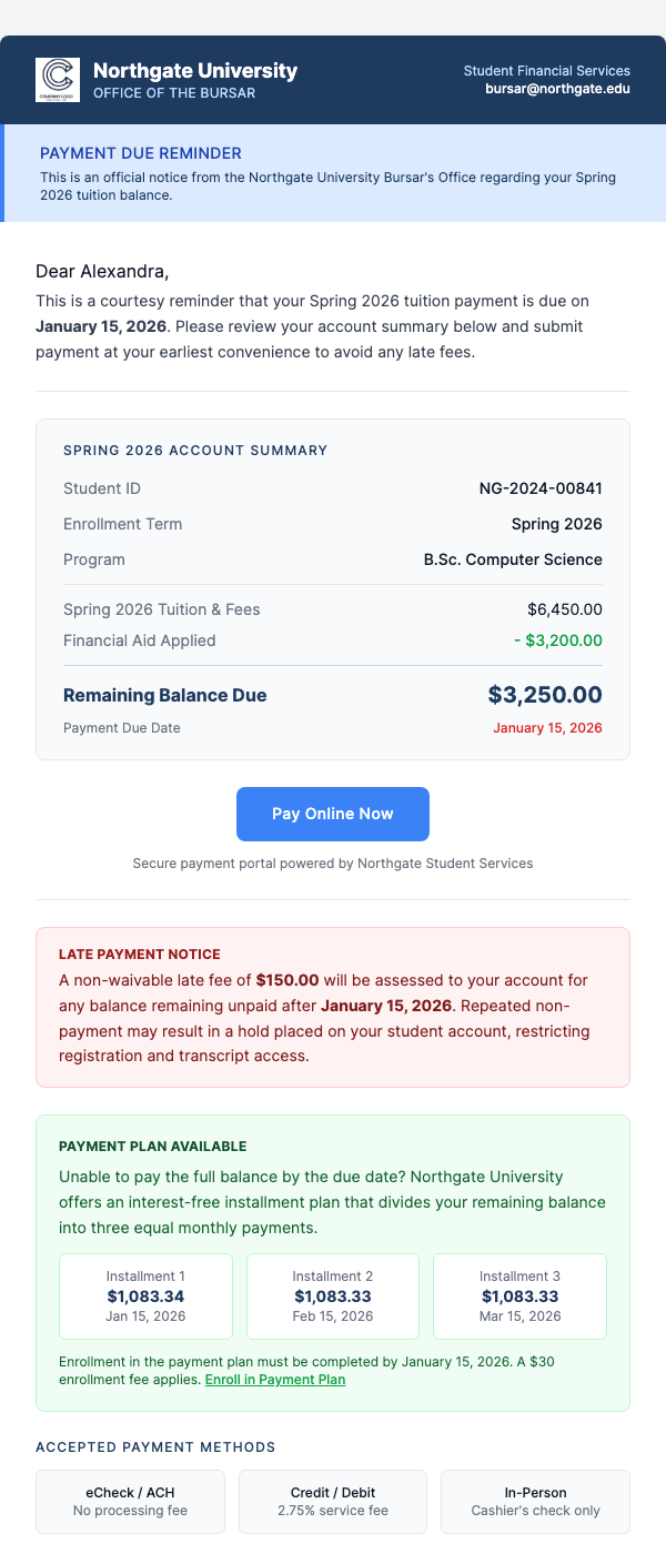 Tuition Payment Due Reminder