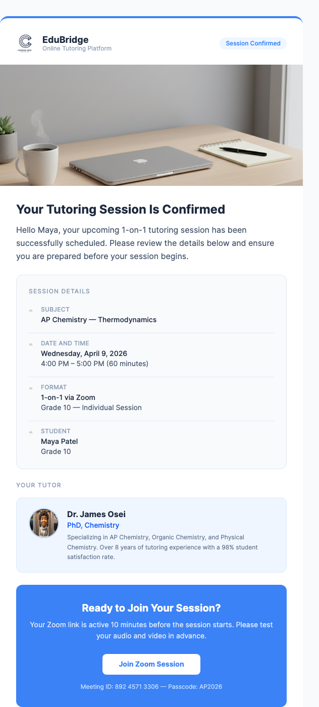 Tutoring Session Confirmation