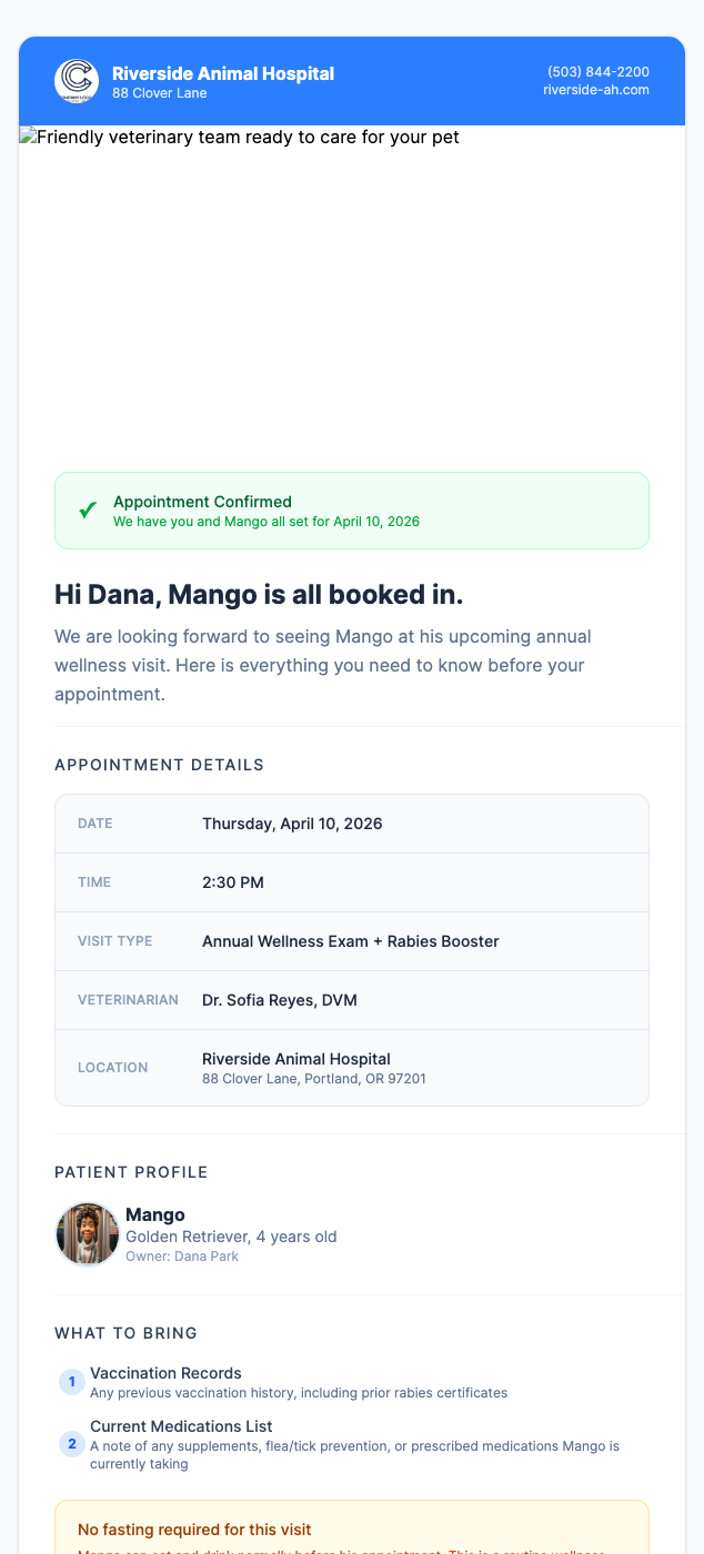 Veterinary Appointment Confirmation