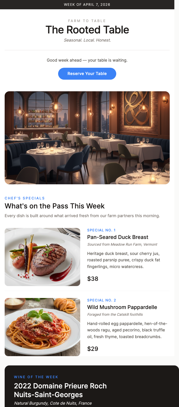 Weekly Specials Newsletter – Restaurant