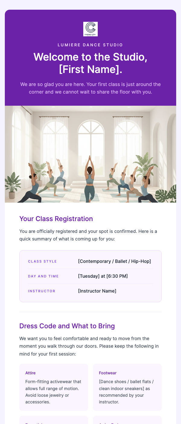 Welcome to the Studio – Class Registration Confirmed