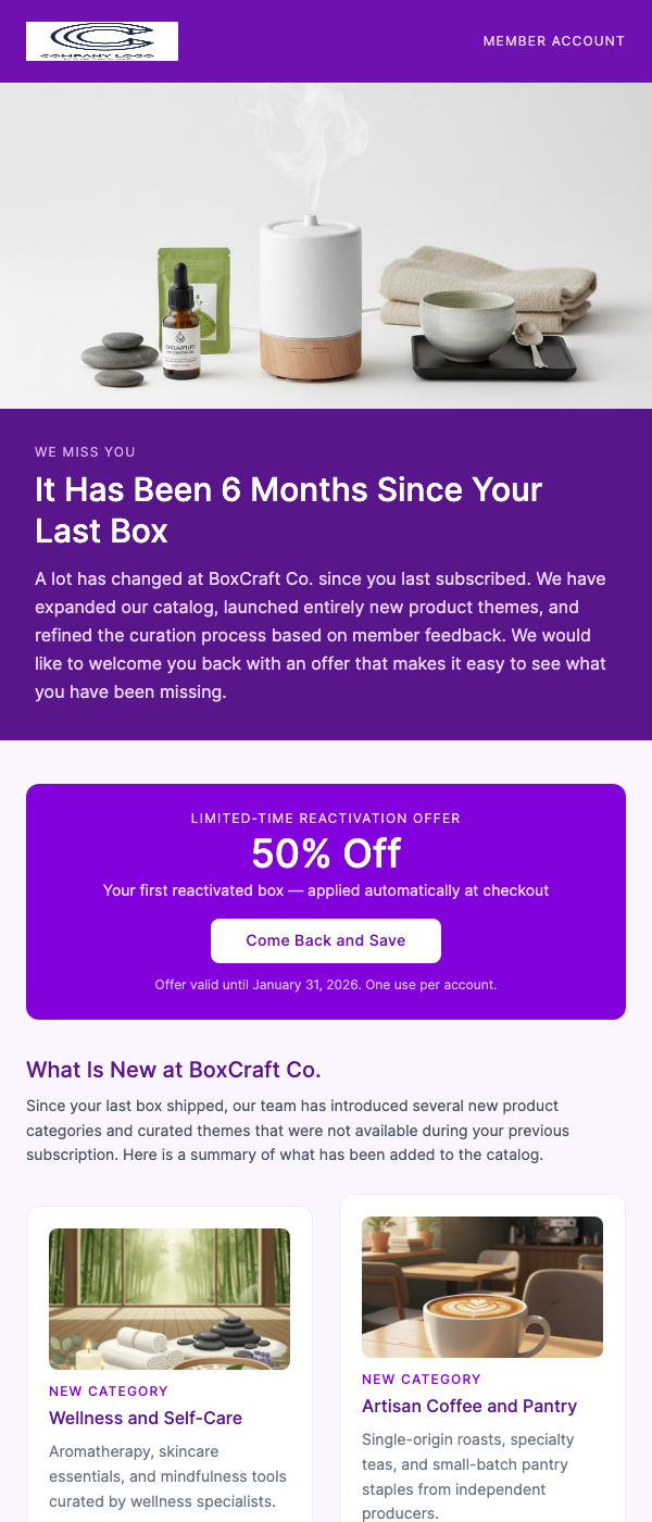 Win-Back Offer – Return and Get 50% Off Your Next Box