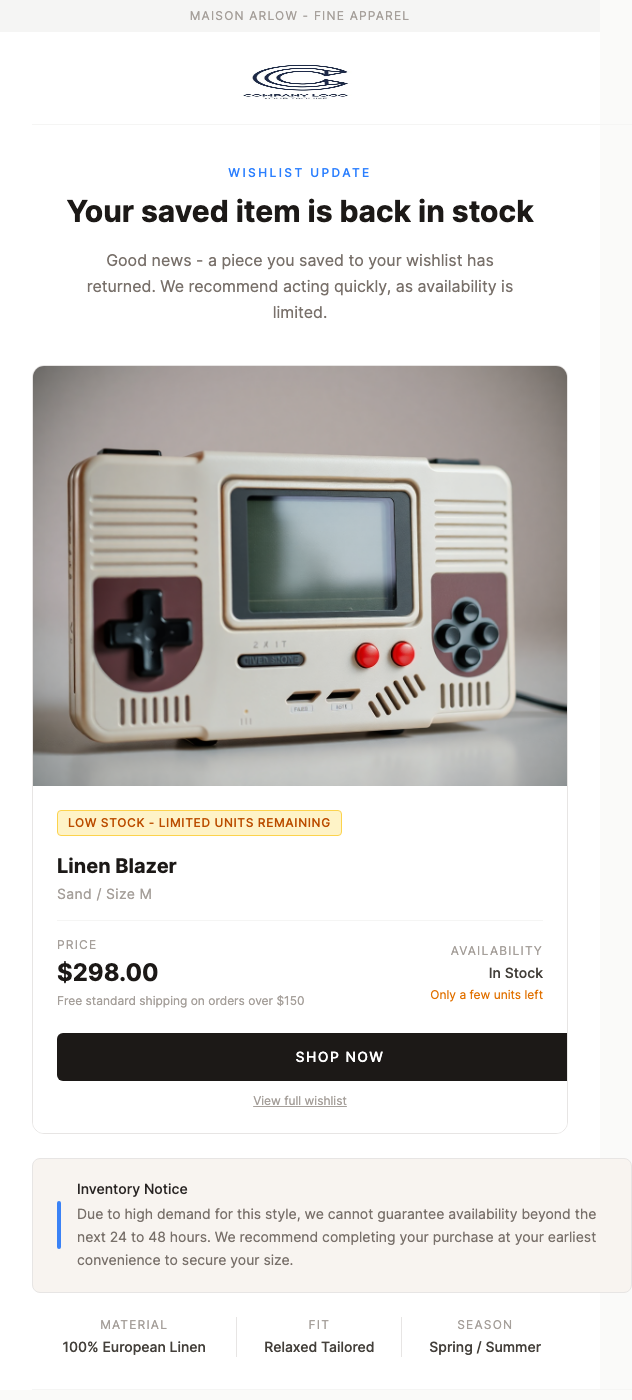 Wishlist Item Back in Stock